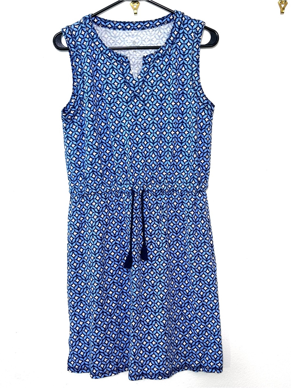 TT by Talbots Blue Star Flowers Knit Dress Sleeveless Pull Cord Waist Med Petite
